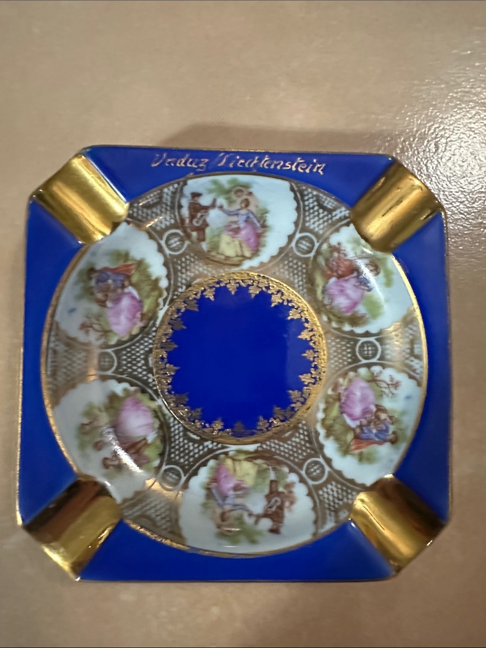 VTG Cobalt Blue and Gold Porcelain Decorative Ashtray